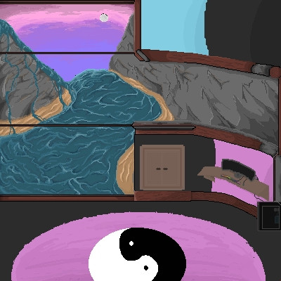 Room overlooking a river with a ying yang rug