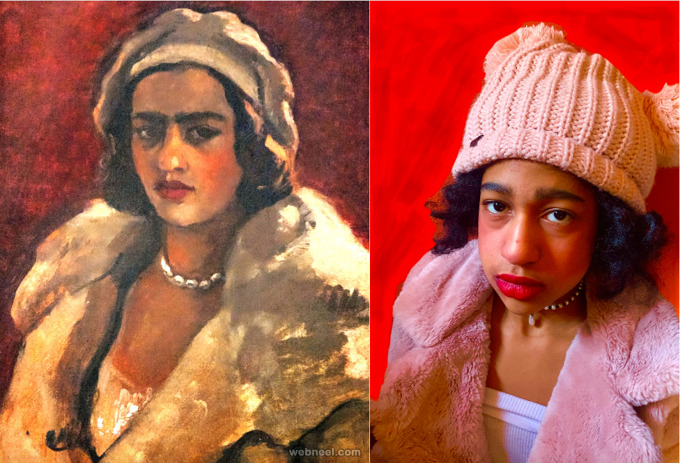 Original painting on the left, student recreation of woman wearing pink hat and vest on the right