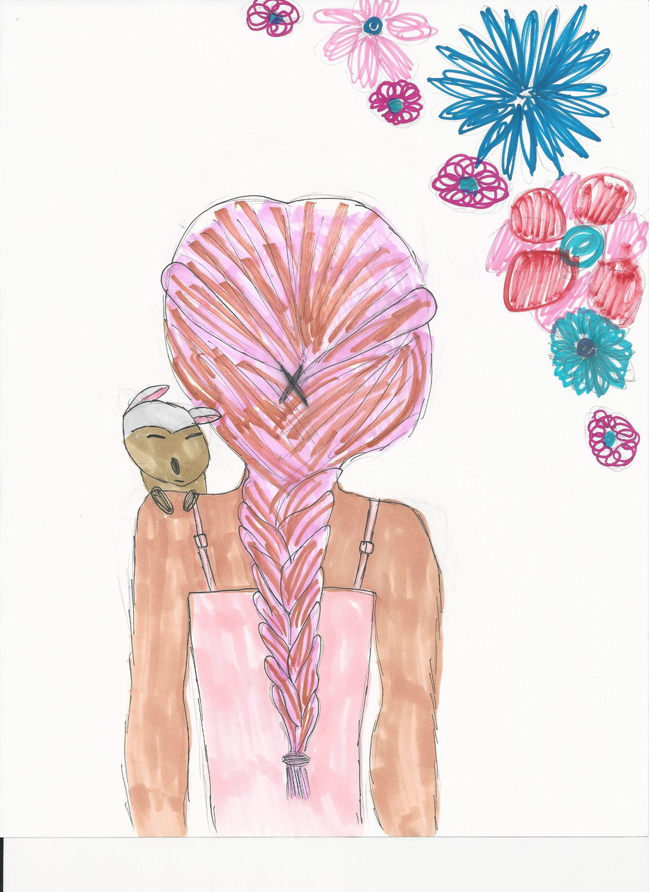 Drawing of the back of a person with a long pink braid and animal on her shoulder