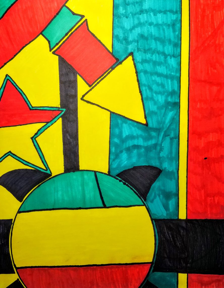Abstract drawing of circle, star, and triangle in red, green, and yellow