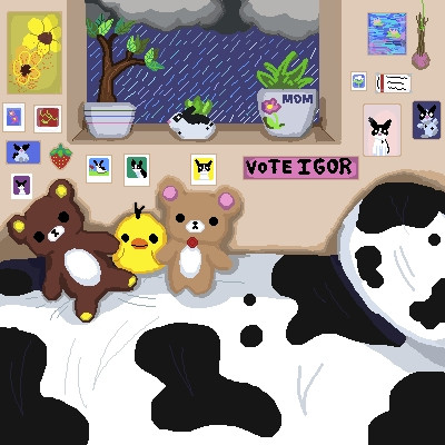 A digital artwork of a bedroom scene of a bed, window, plants, and stuffed animals.