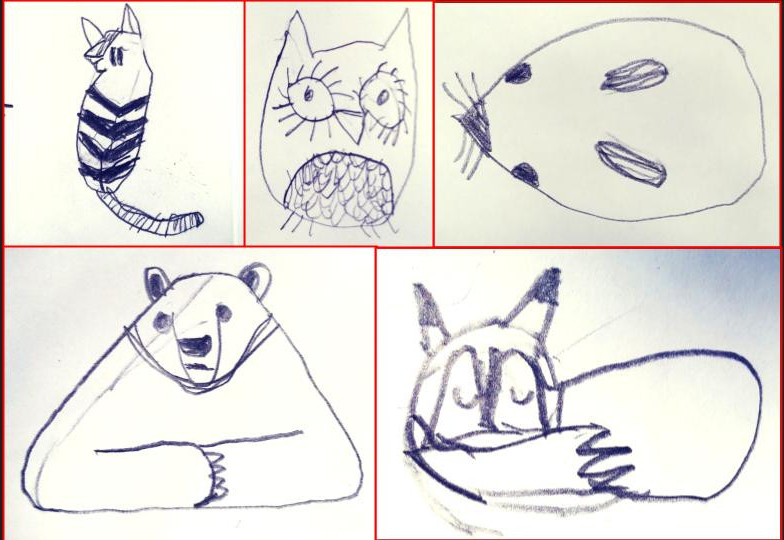 Collage of five drawn animals.