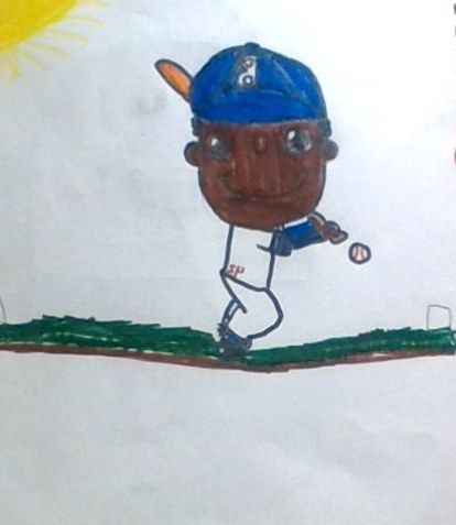 Painting of a baseball player standing on grass, holding a bat under the sun.