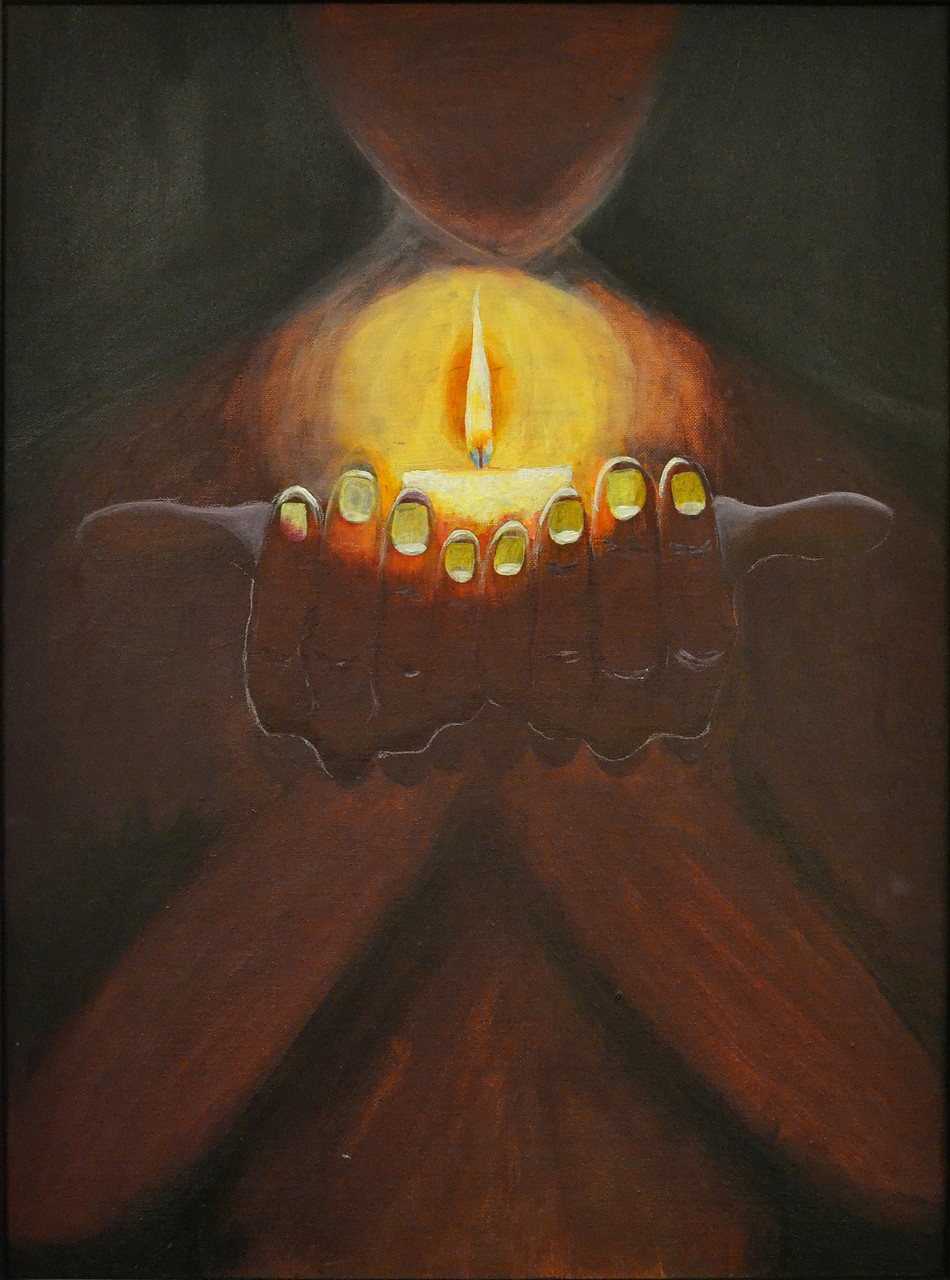 Painting of hands holding a candle in palms near face.