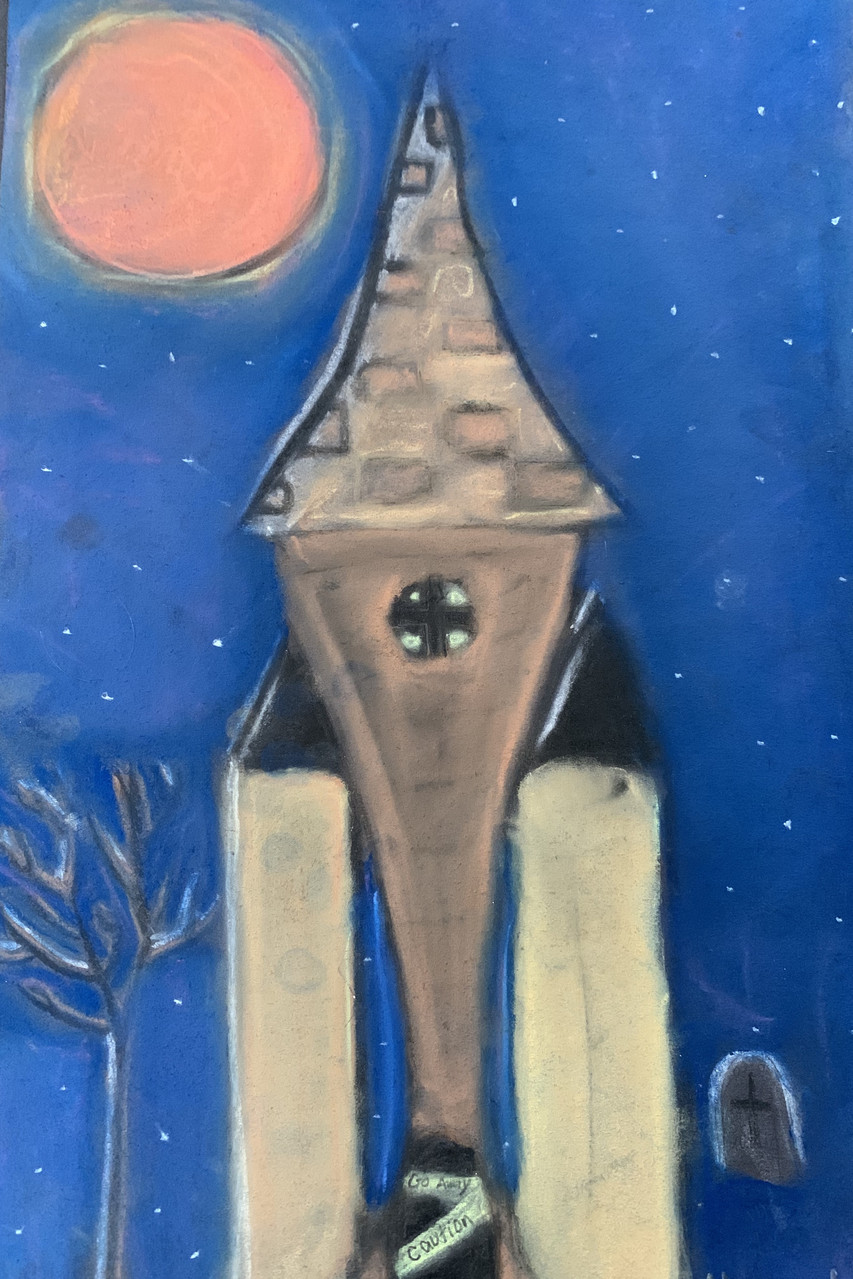 A chalk drawing of a haunted house with a large orange moon and a dark blue sky.