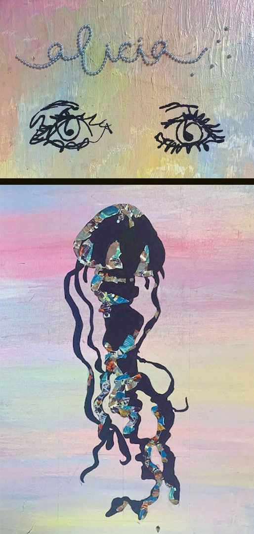 Black and white collage of squid and eyes on a watercolor wash background of pinks and yellows