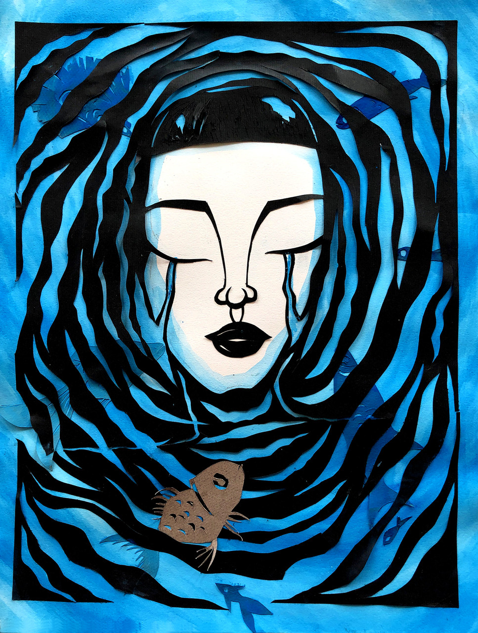 Blue background with an illustration of a subject created by a connected cut-out black paper