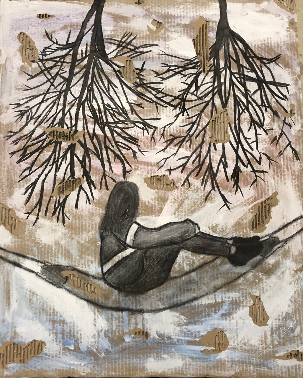 Painting of a woman sitting in a hammock under trees