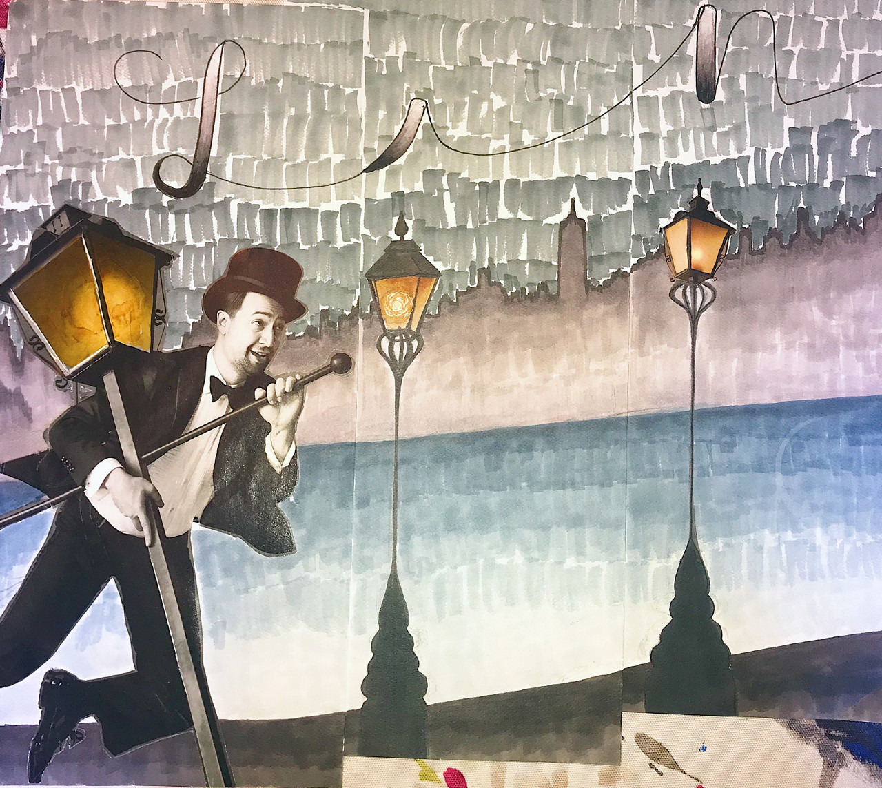 Collage of Lin Manuel Miranda in Mary Poppins lighting the lamps