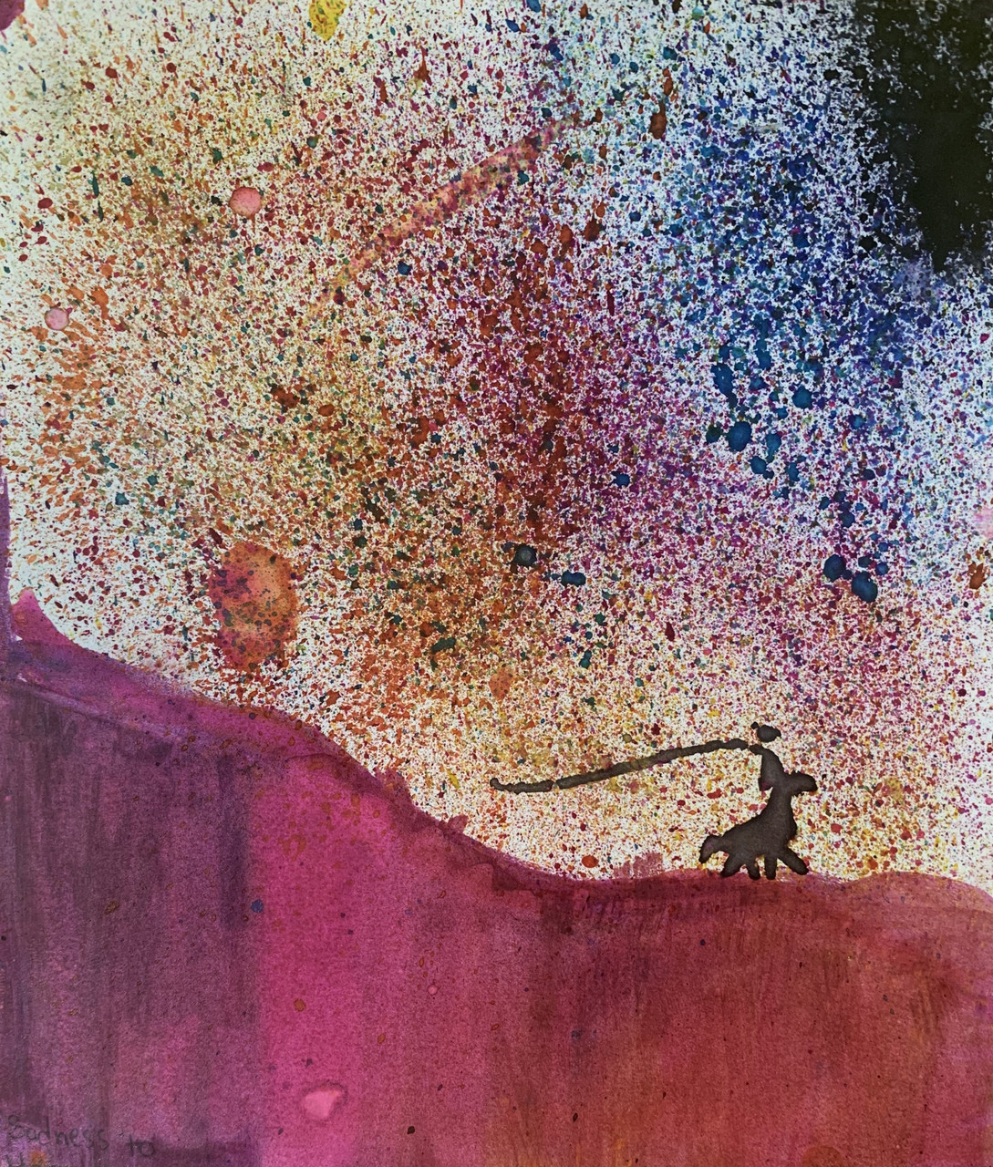 A colorful, abstract painting with splattered colors.