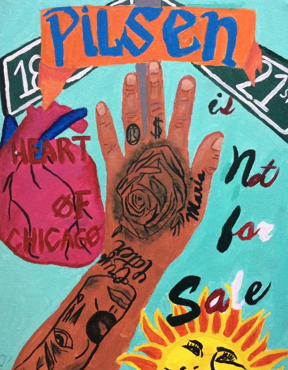 Pilsen sigh and tattooed hand