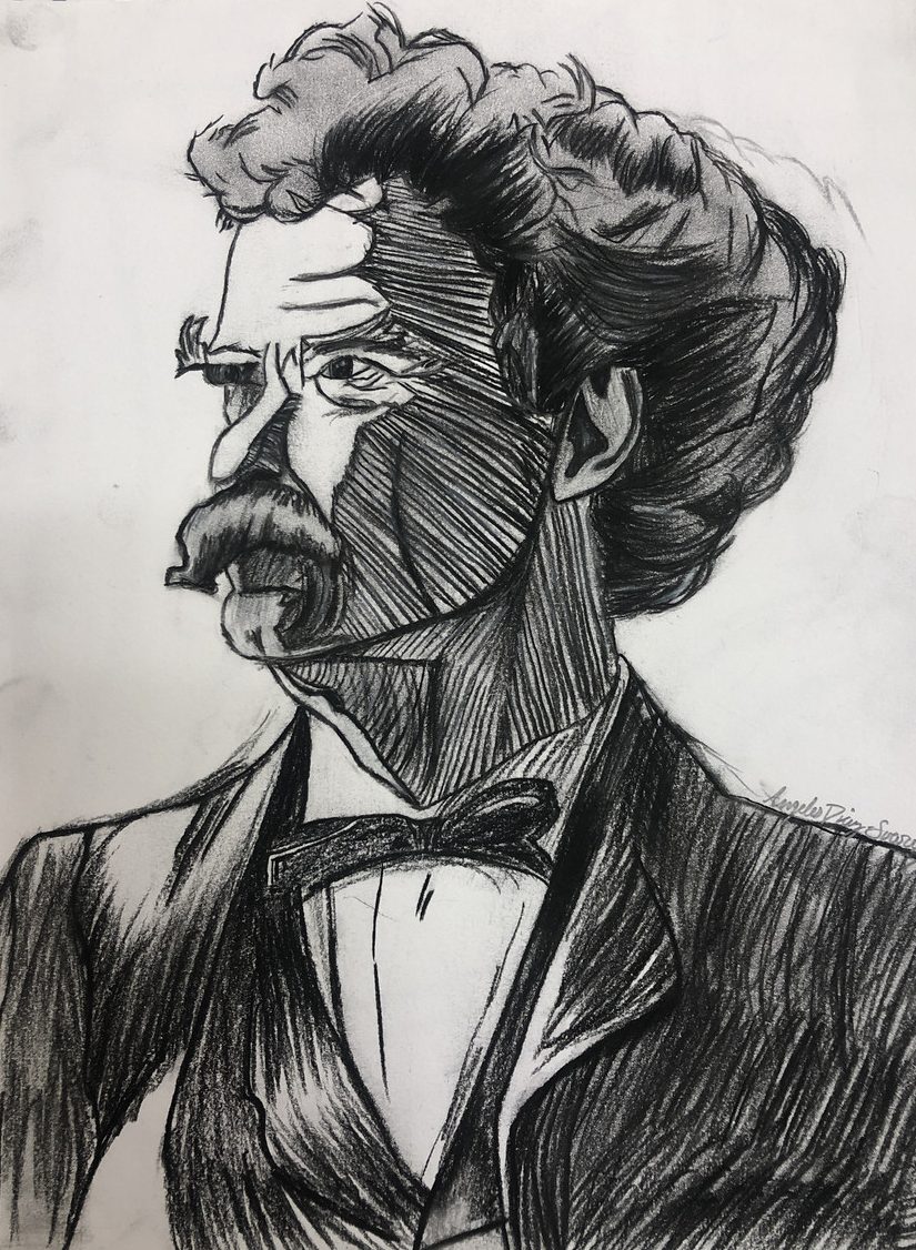 A portrait drawing of Mark Twain