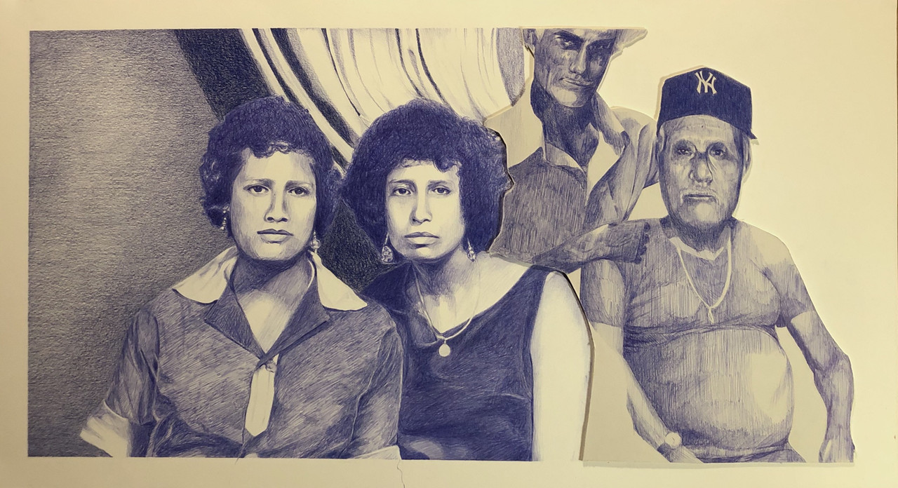 Blue pen illustration of a grandma with her sister and brothers in Mexico.