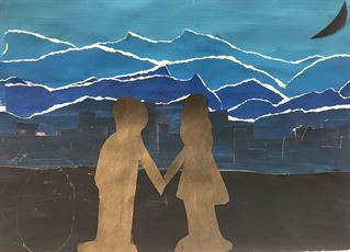 Two figures holding hands in front of a blue background