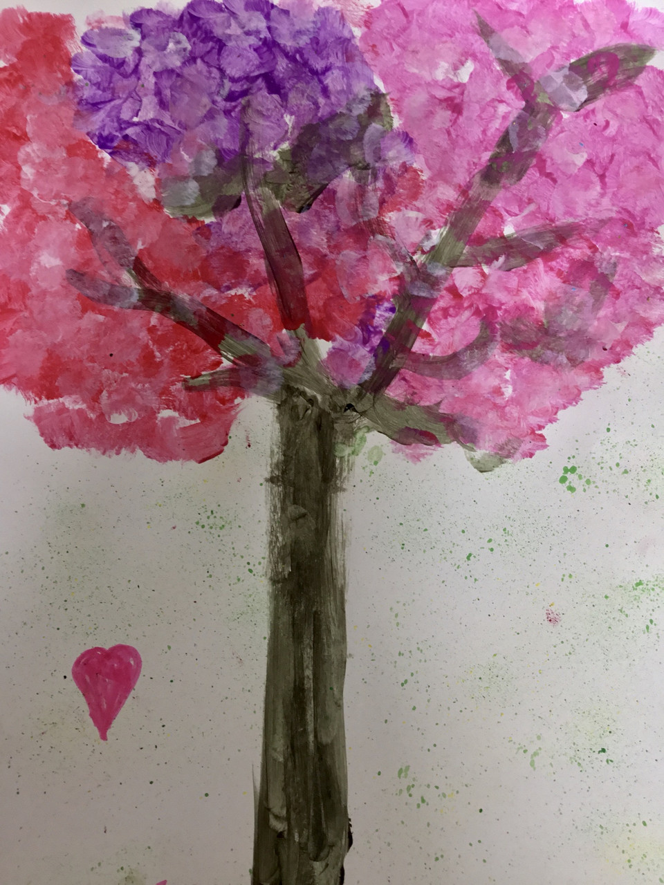 Painting of a tree with pink and purple leaves.