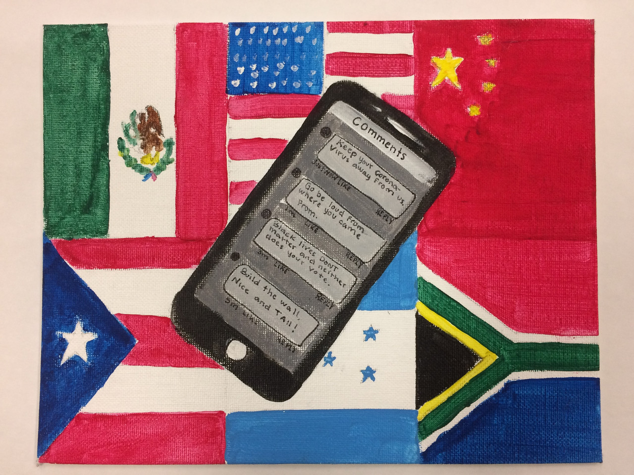 Cell phone on top of flags