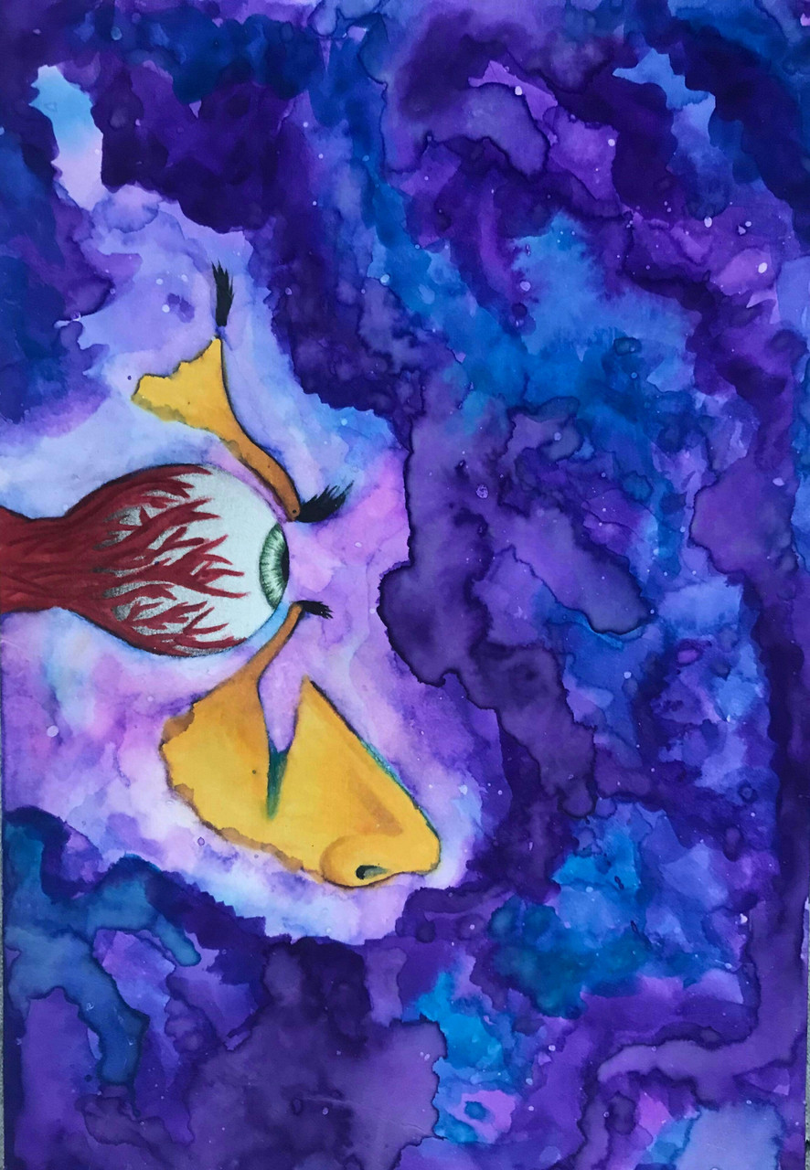 Abstract drawing of an eye ball and nose in blue clouds