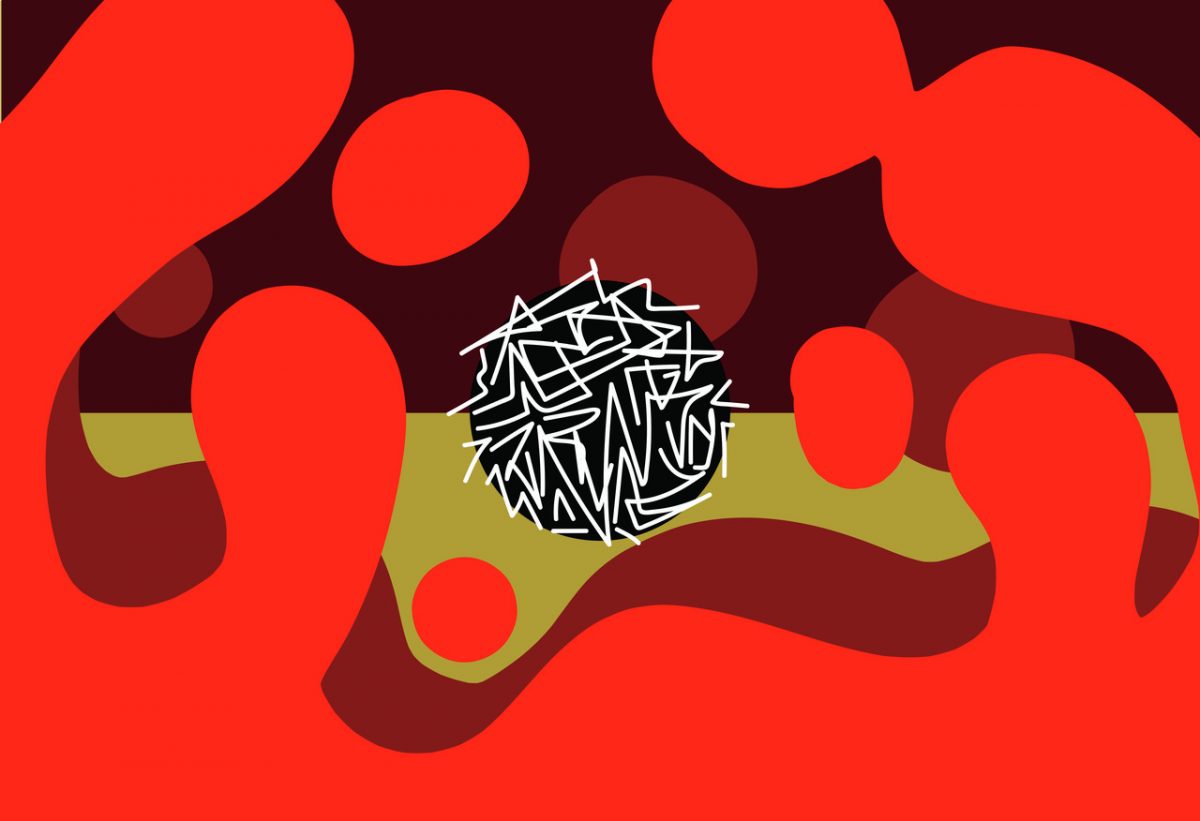 Red organic shapes surround a black ball with white lines