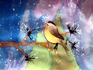 A painting of a light yellow bird sitting on a branch on a blue and purple background.