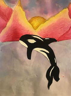 A painting of an orca whale in front of mountains with the sun setting.
