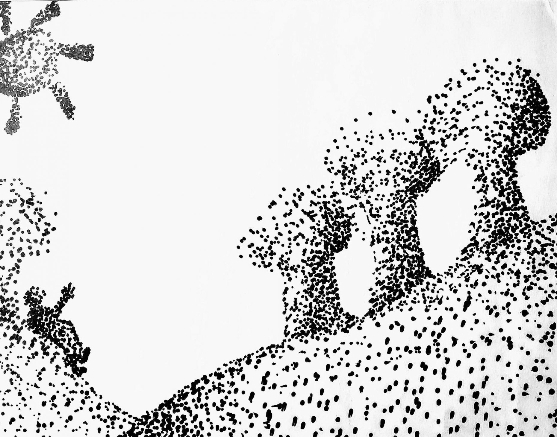 Drawing of black dots on white background of person sitting on a hill looking at 3 trees.