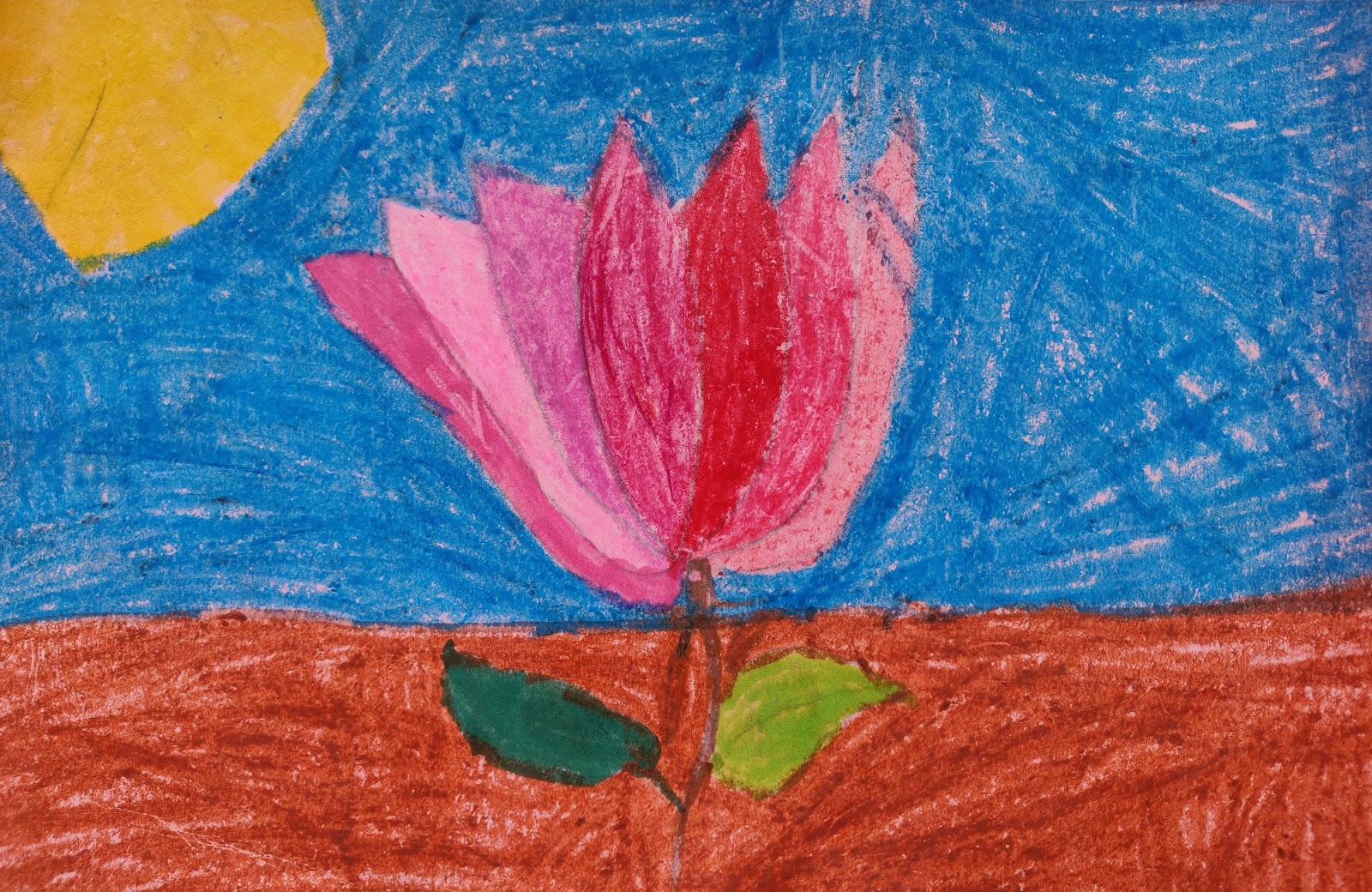 Colorful pastel drawing of pink flower on blue background