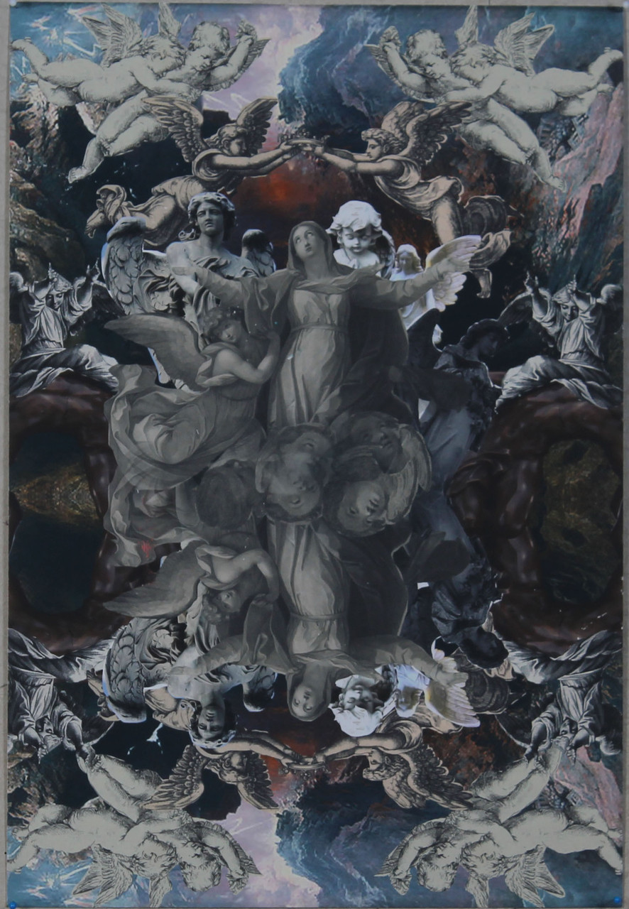 Multimedia piece of a divine scene of angels and holy figures.