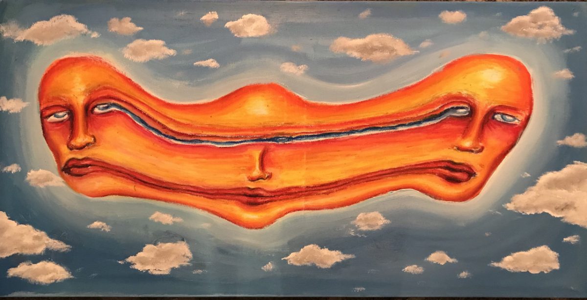 Painting of three floating heads blending together