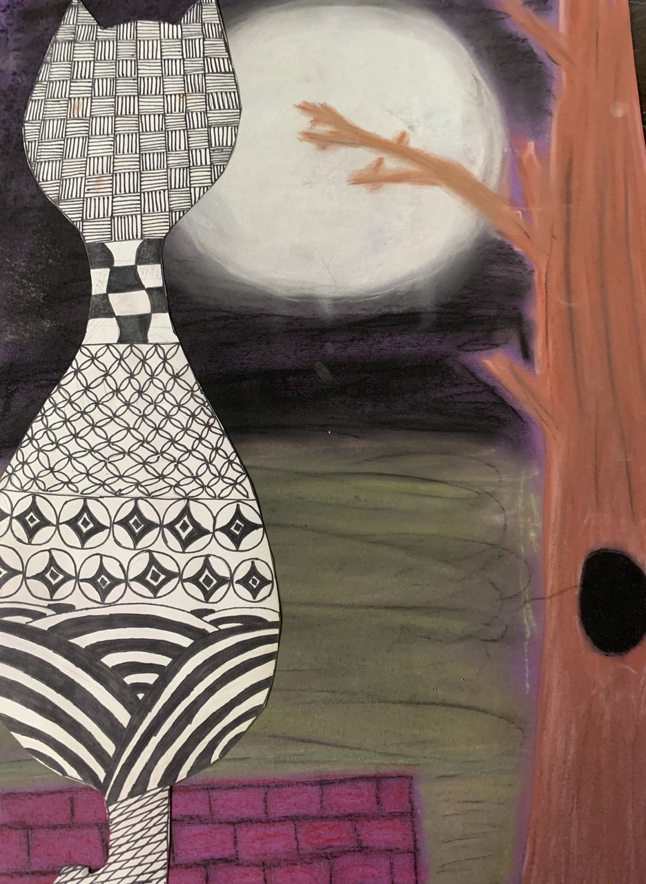 A cat covered in designs facing the moon in the background and a tree on the side.