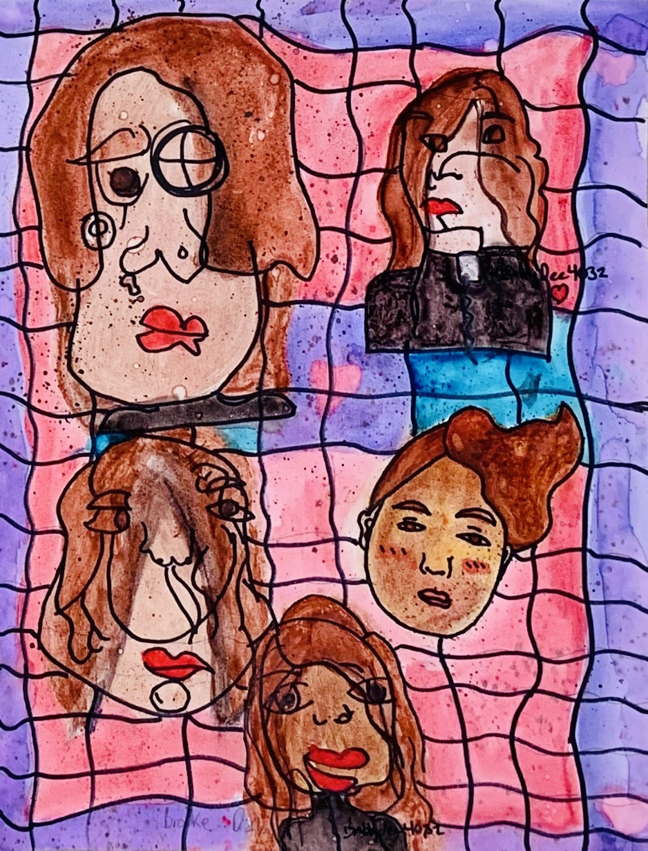5 girls portraits on pink blocks background