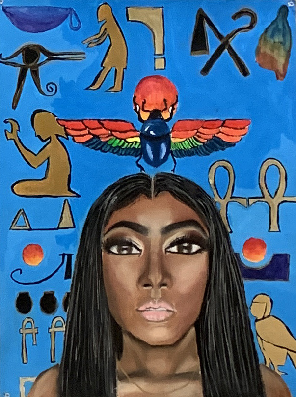 A portrait of a woman with long, dark hair and a blue background with Egyptian symbols and heiroglyphics