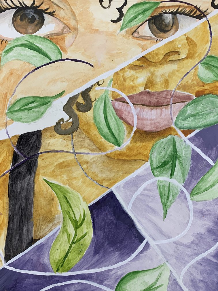 An abstract artwork with parts of a face showing including eyes and a mouth with leaves and purple detail