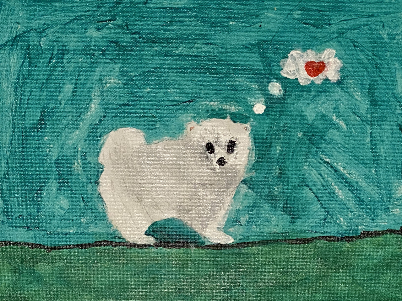 Painting of white animal on green background