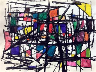 Abstract painting with intersecting black lines and colorful blocks.