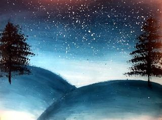 A landscape painting of a winter scene with two hills and two dark trees under a night sky