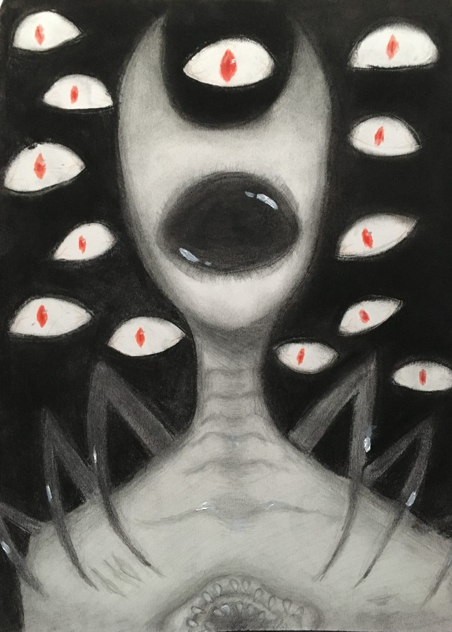 Charcoal drawing of a monster with lots of eyes