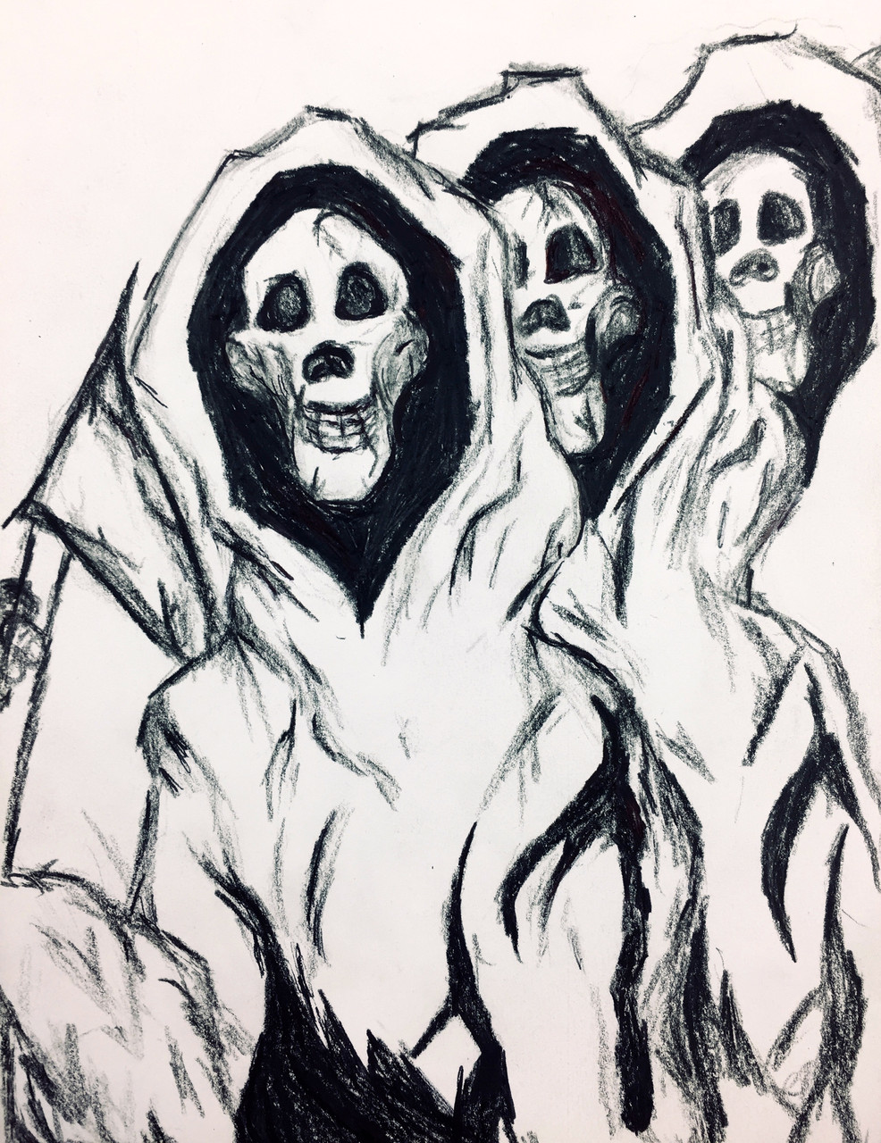 Drawing of several robed skeletons