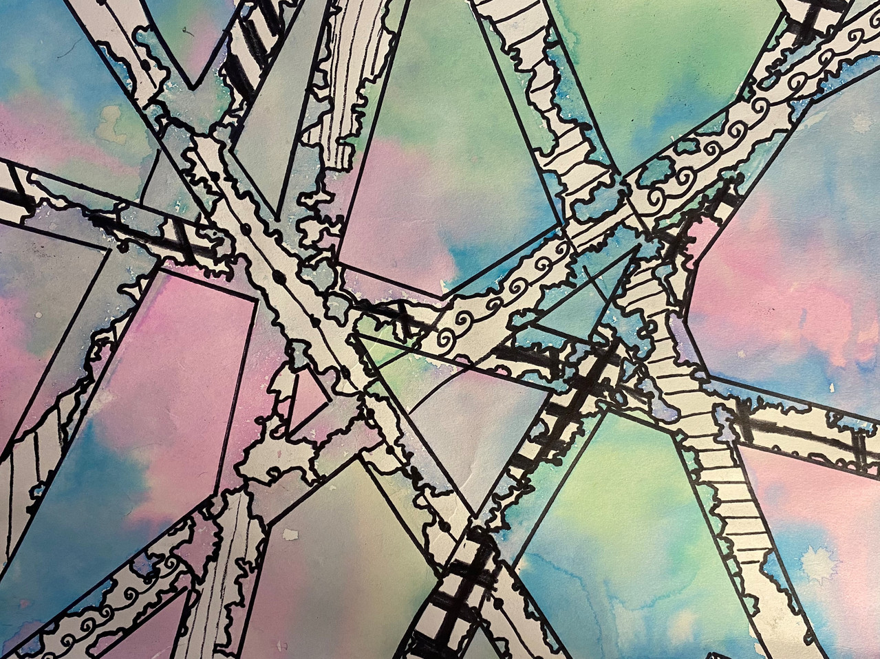 Abstract artwork with pastel colored background and black and white bands filled with different patterns.