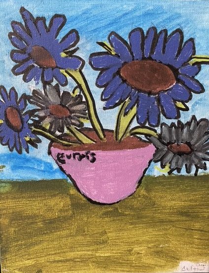 Painting of purple flowers in a pink pot