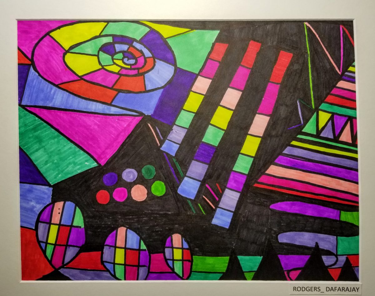 Colorful drawing with abstract shapes on black background