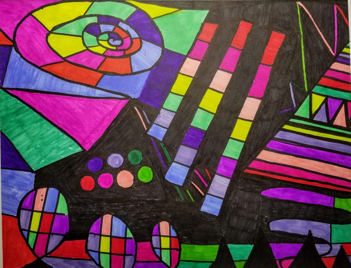 Colorful drawing with abstract shapes on black background
