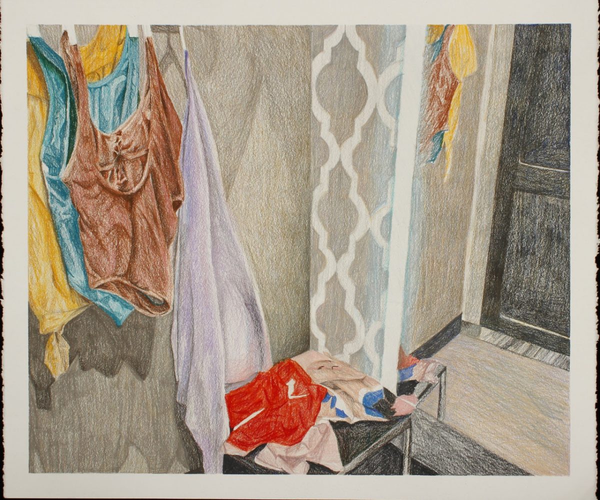 Illustration of clothes in a fitting room exploring the idea of self esteem and body image.