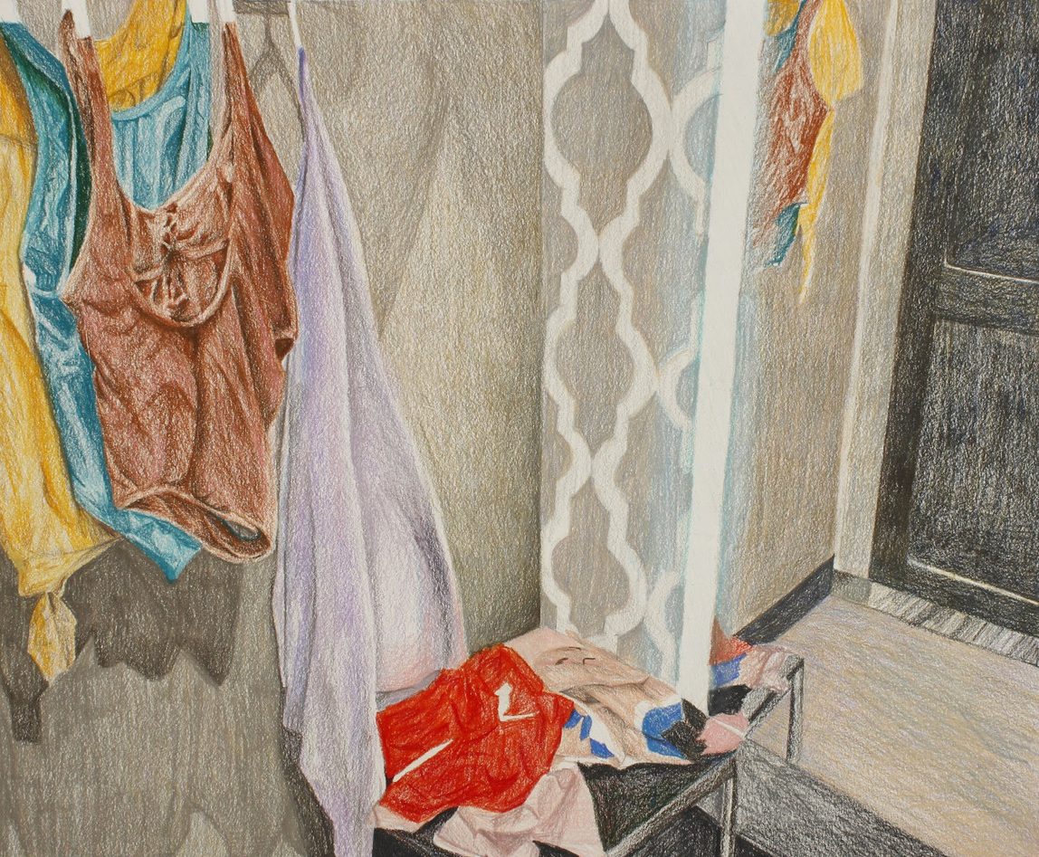 Illustration of clothes in a fitting room exploring the idea of self esteem and body image.