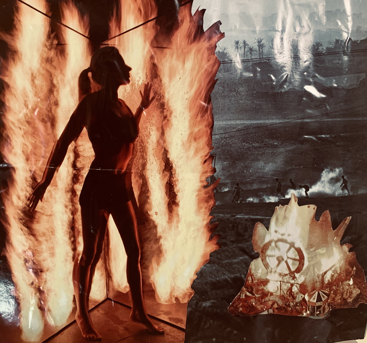 A collage with a figure standing in flames