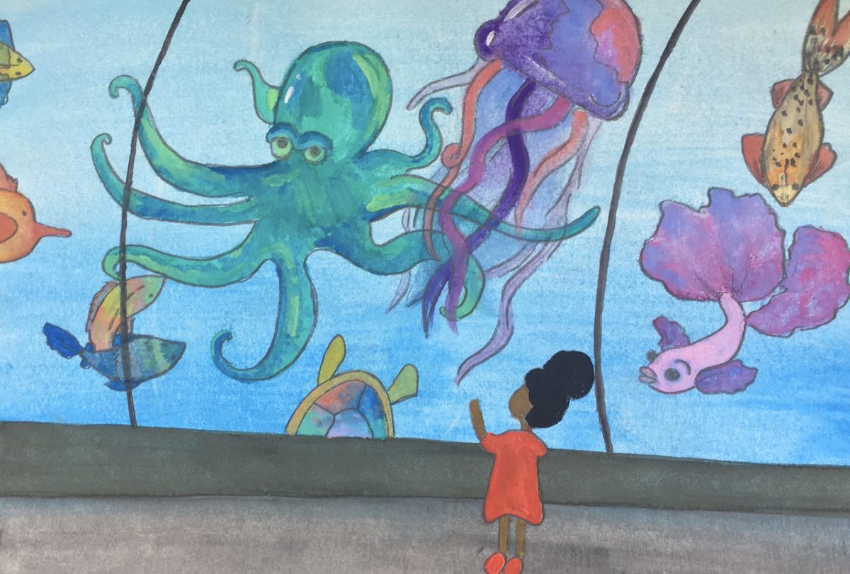 Painting of a girl in an aquarium