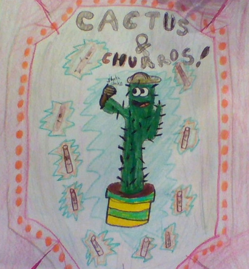 Illustration of a cactus in a green and yellow pot surrounded by churros.