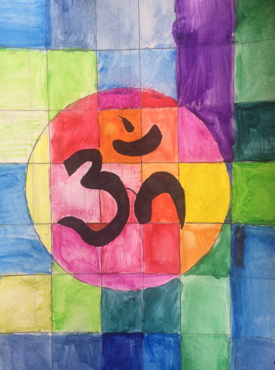 An artwork with colored squares and the OM symbol in the center