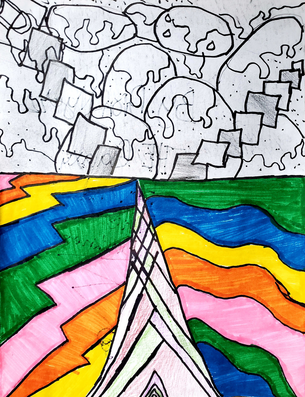 Abstract half and half line drawing and colorful stripes