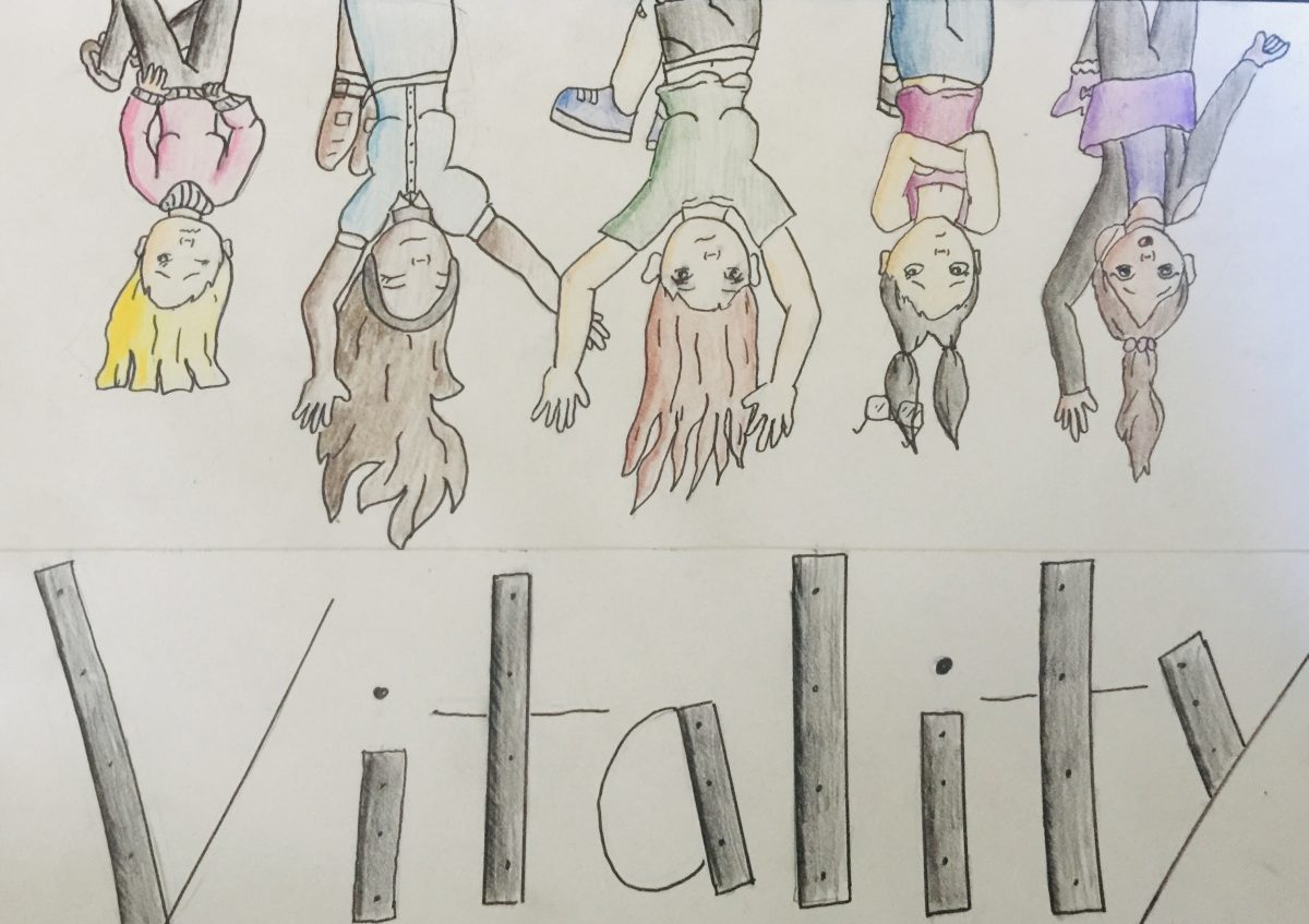 A drawing with five characters hanging upside down over the word "vitality".