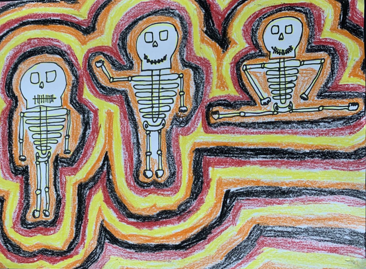 Three dancing skeletons against a background of red, orange, and yellow lines inspired Keith Haring.